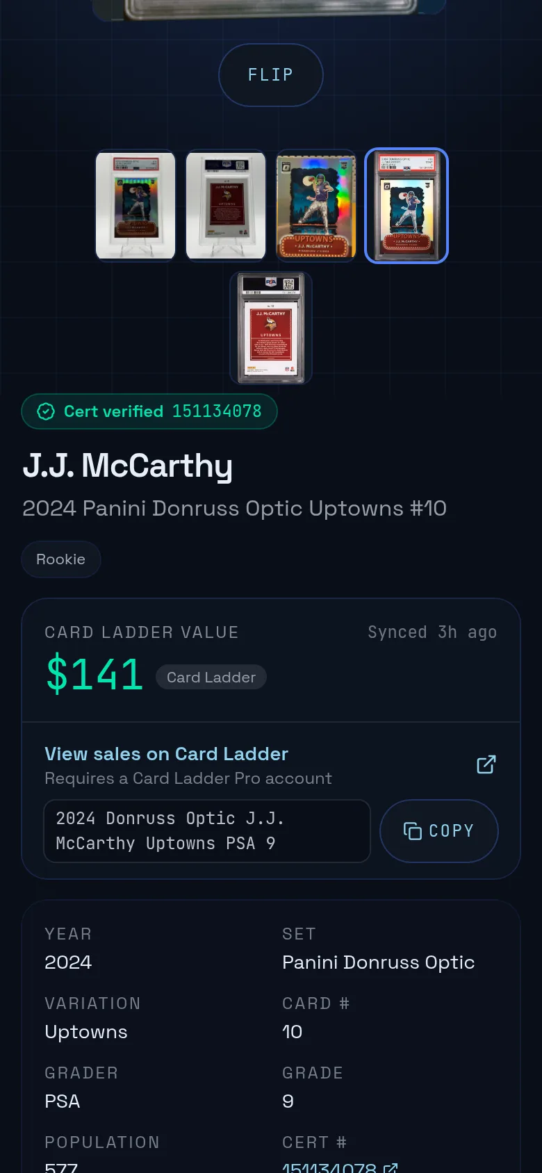 Recent sales on a card page