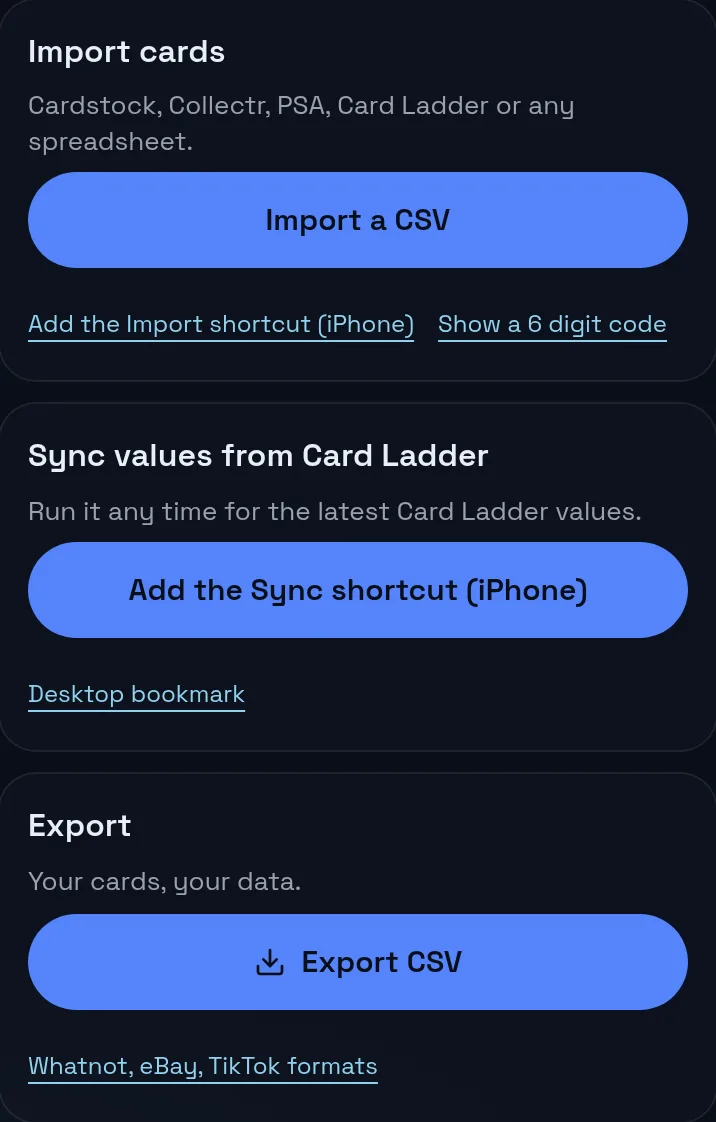 The Data panels: import with a 6 digit pair code, Card Ladder sync and export