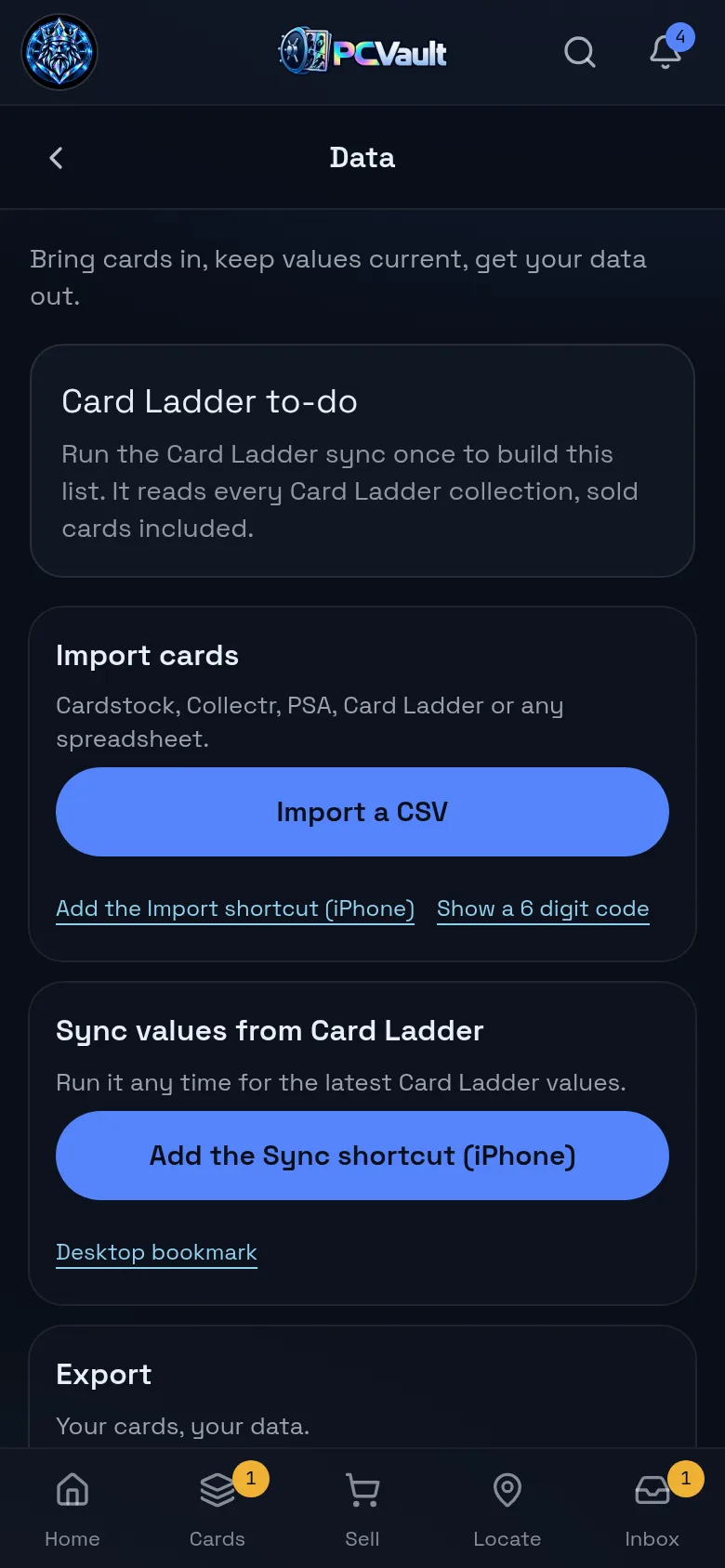 Card Ladder sync in Settings