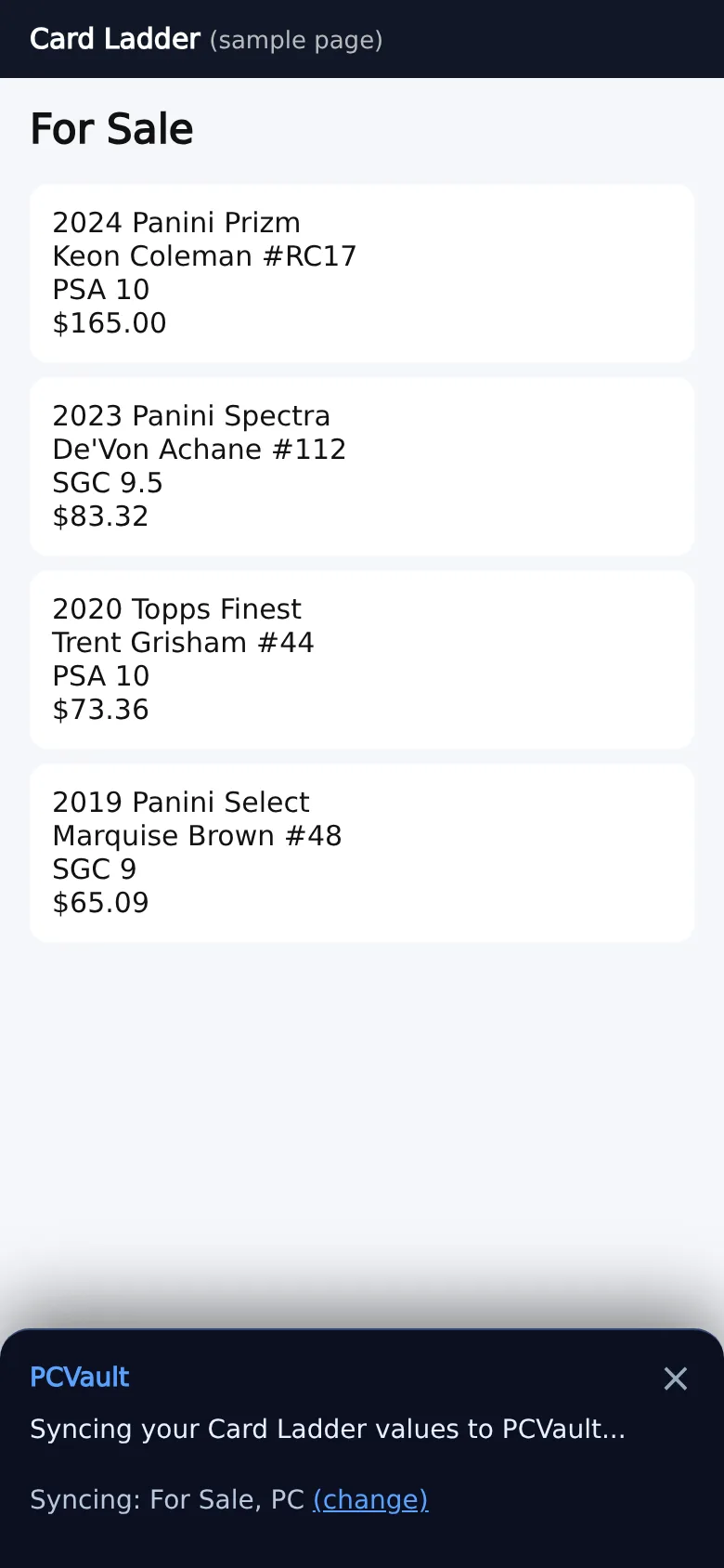 The PCVault sync panel running on a Card Ladder collection page (sample page)