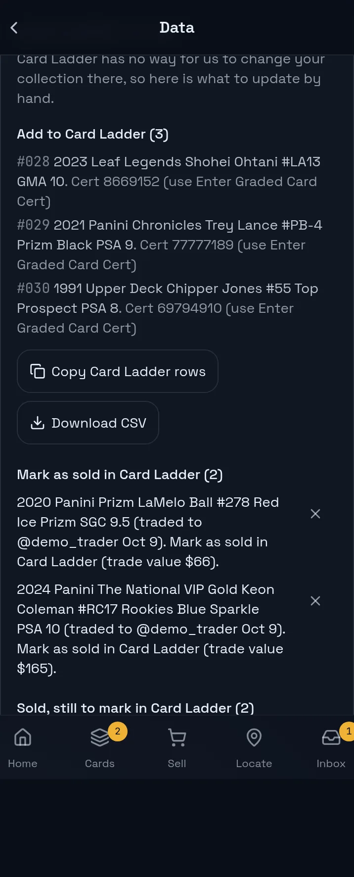 The to-do list asking to mark traded and sold cards as sold in Card Ladder