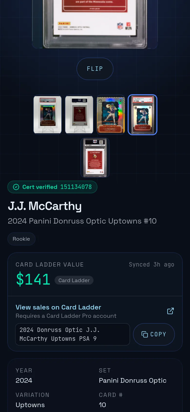 A card page showing its Card Ladder value and source