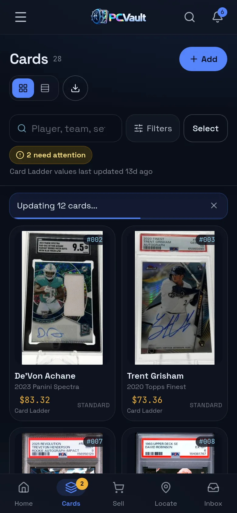 The Cards screen with codes, values and locations