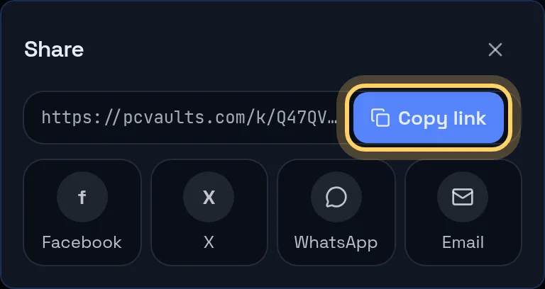 The share panel on a card page with Copy link, X, Facebook, WhatsApp and Email
