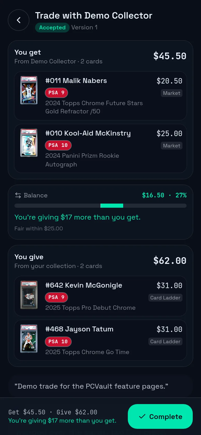 A trade between @founder and @demo_collector with both sides, grade badges and the balance