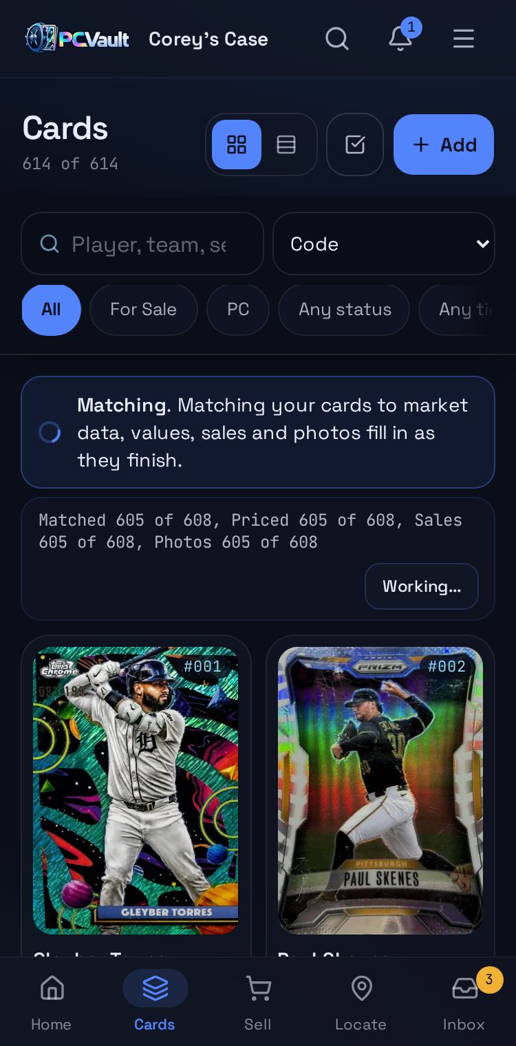 For card shops on PCVault, phone screen