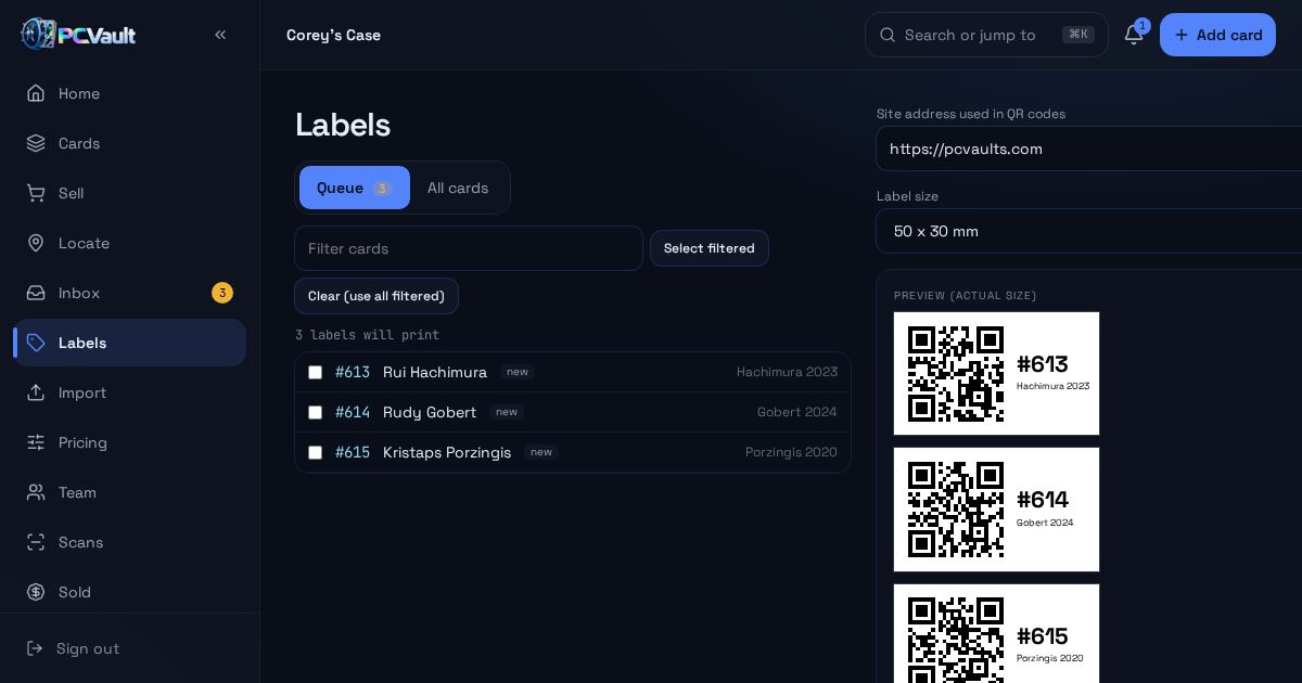 Label queue with QR label preview