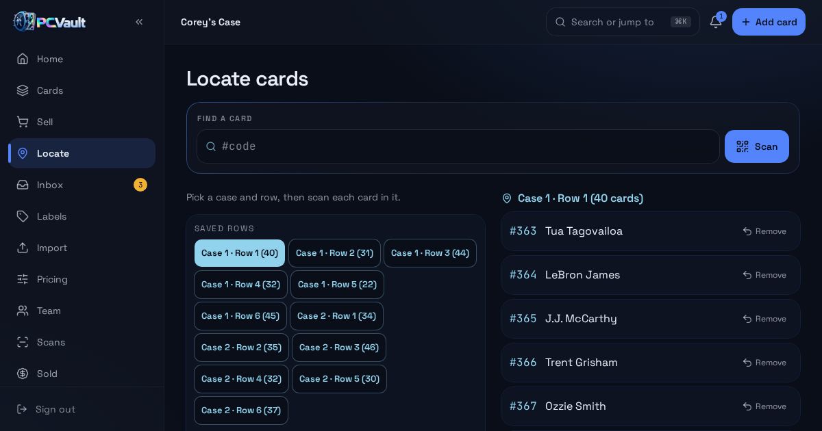 Locate screen with case and row tiles
