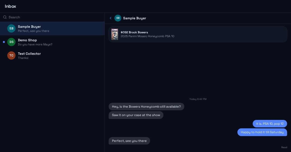 Sample message thread with a Brock Bowers card attached