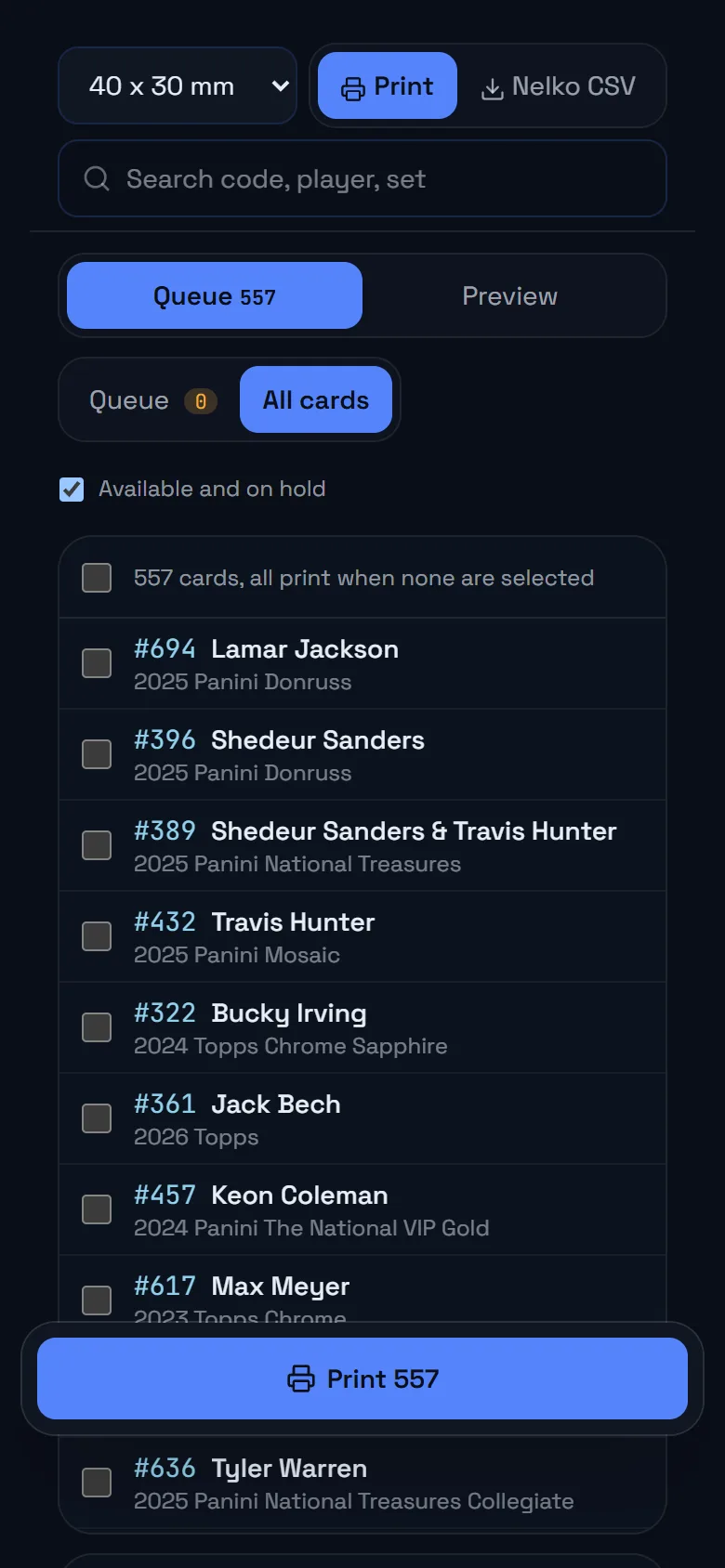 The Labels screen with the label queue