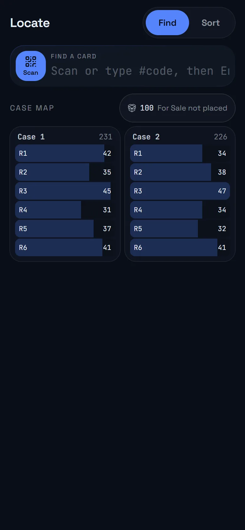 The Locate screen with a case and row