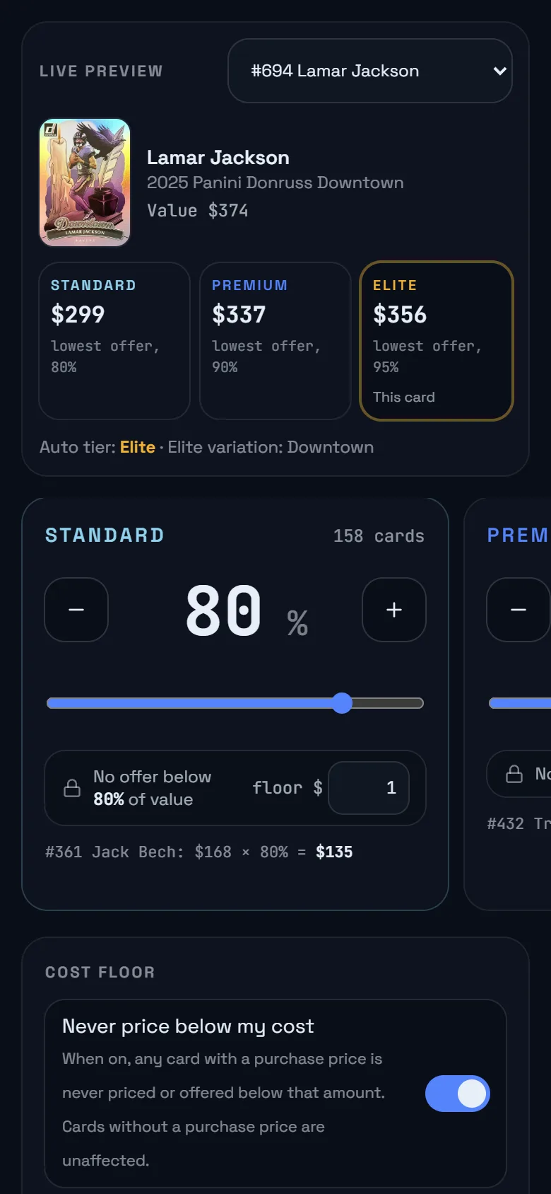 The Pricing screen with tiers