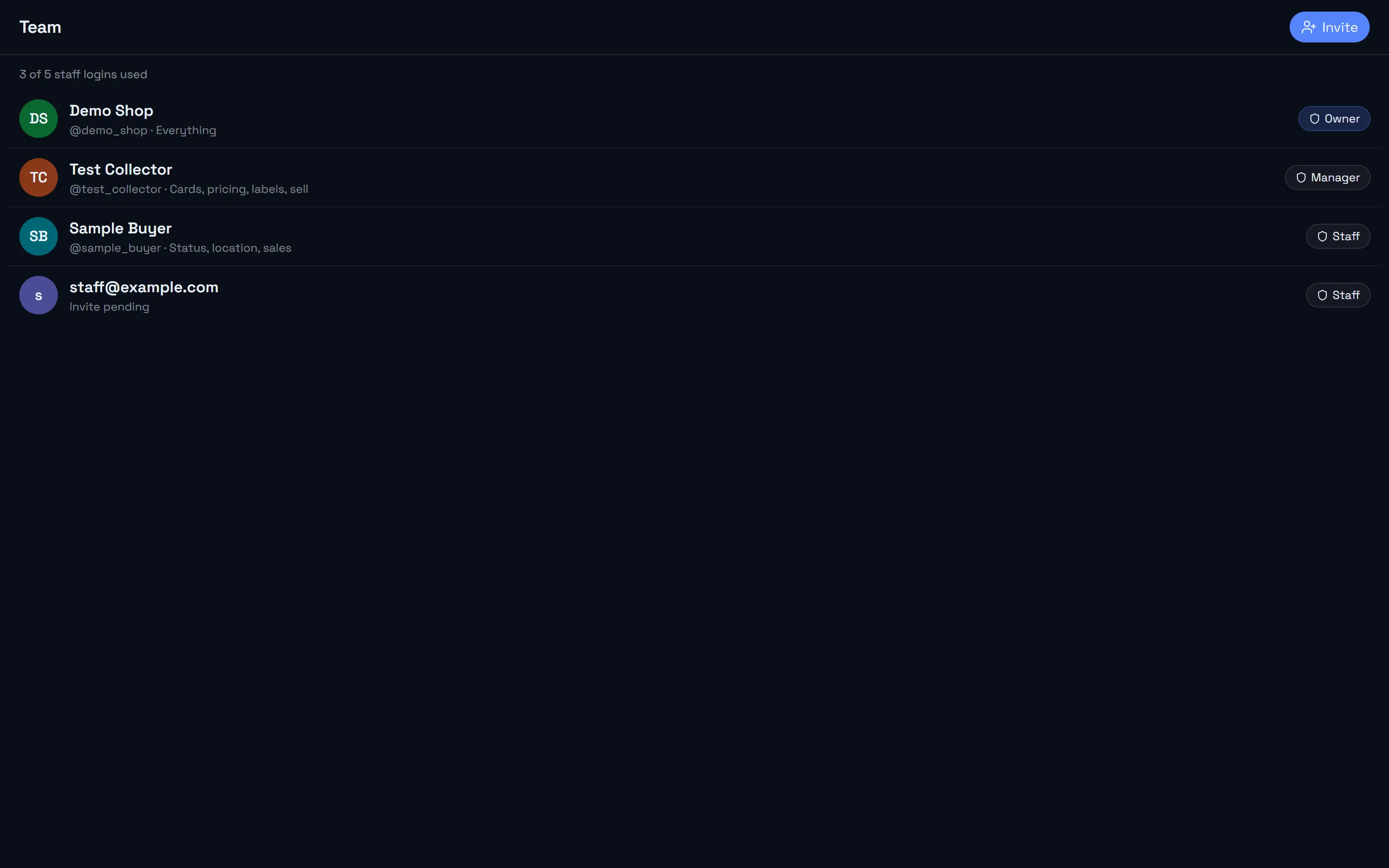 The Team screen with staff roles