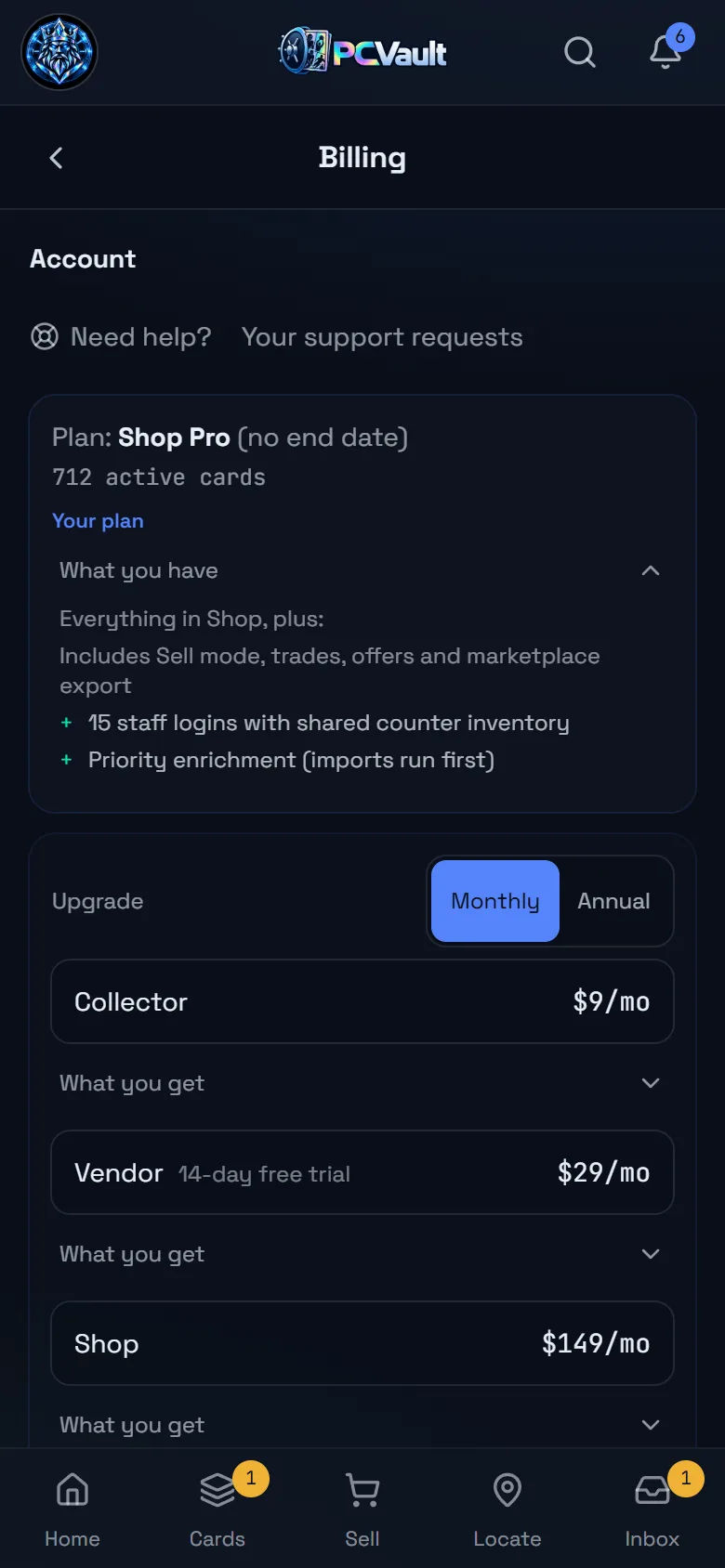Settings, Billing with plan details