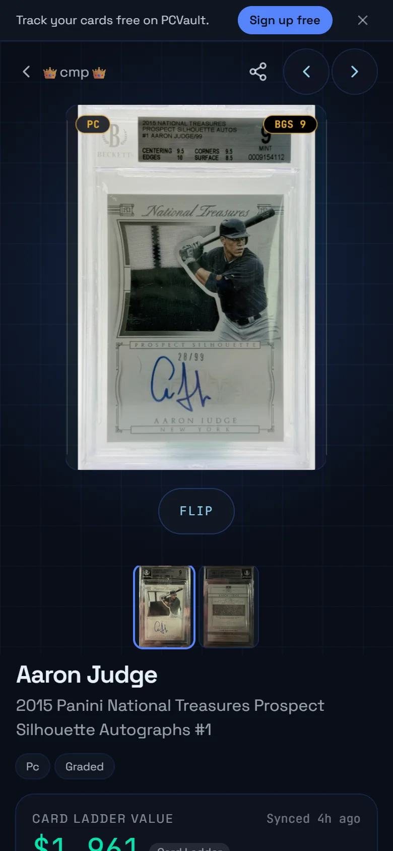 A public card page with value and sales