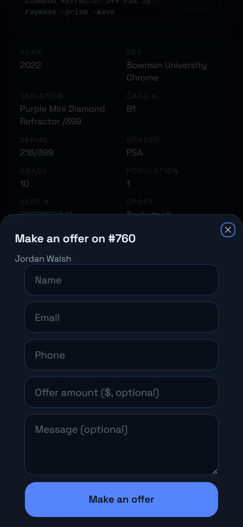 The offer form on a card page