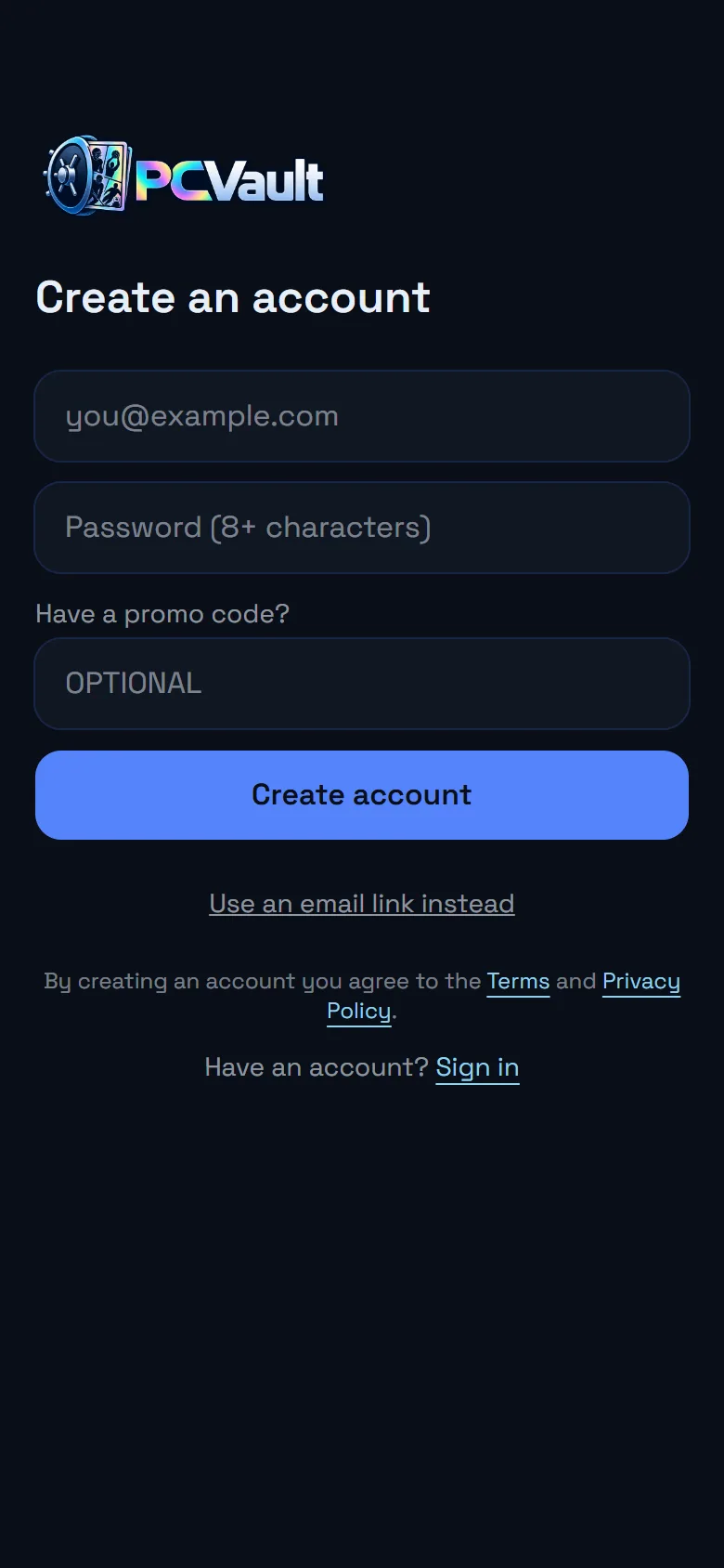 The sign up form