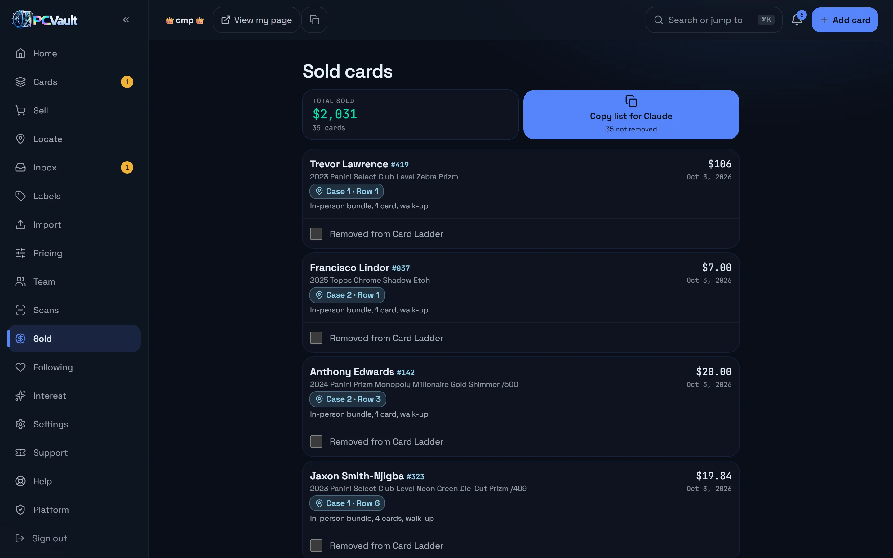 The Sold list